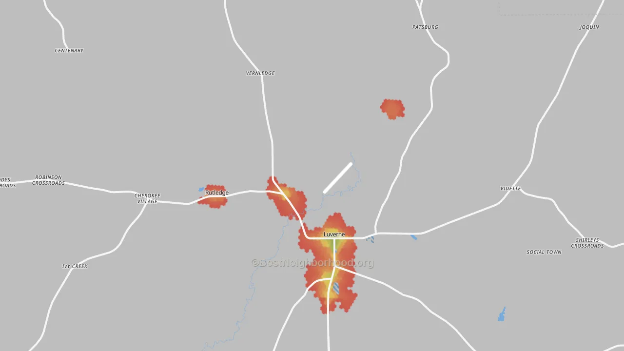 Walk Grade map of 36049, AL, walkable areas in green and car-dependent areas in red