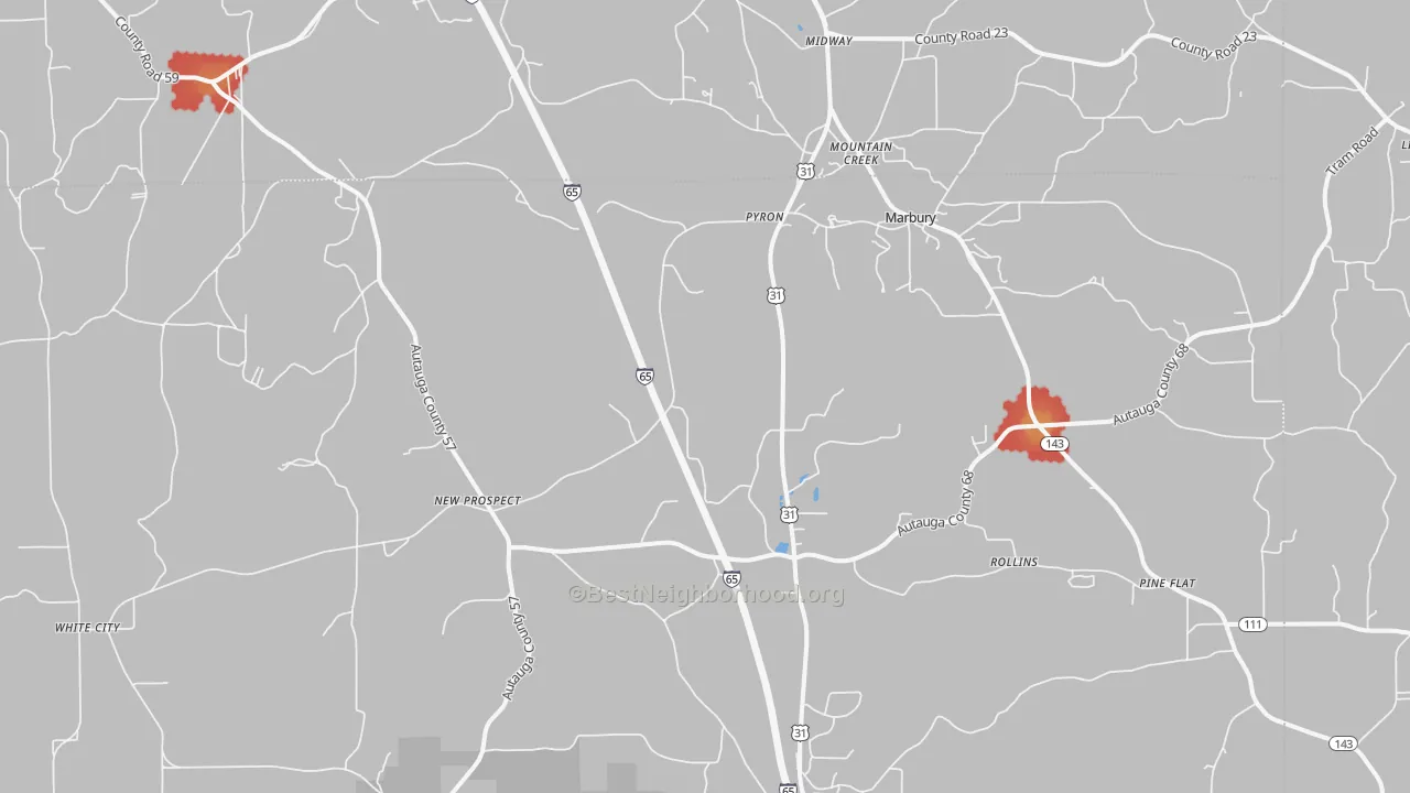 Walk Grade map of 36051, AL, walkable areas in green and car-dependent areas in red