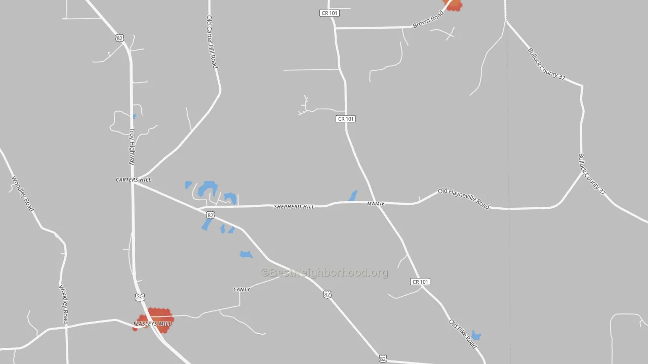 Walk Grade map of 36052, AL, walkable areas in green and car-dependent areas in red