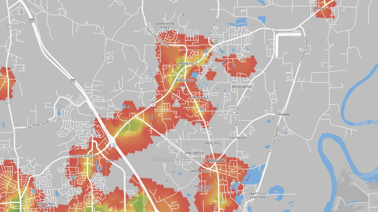 Walk Grade map of 36054, AL, walkable areas in green and car-dependent areas in red