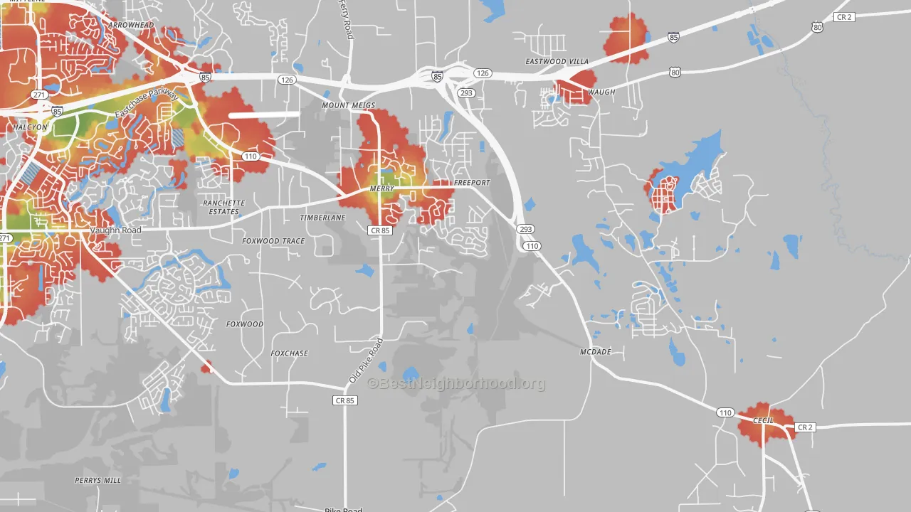 Walk Grade map of 36064, AL, walkable areas in green and car-dependent areas in red
