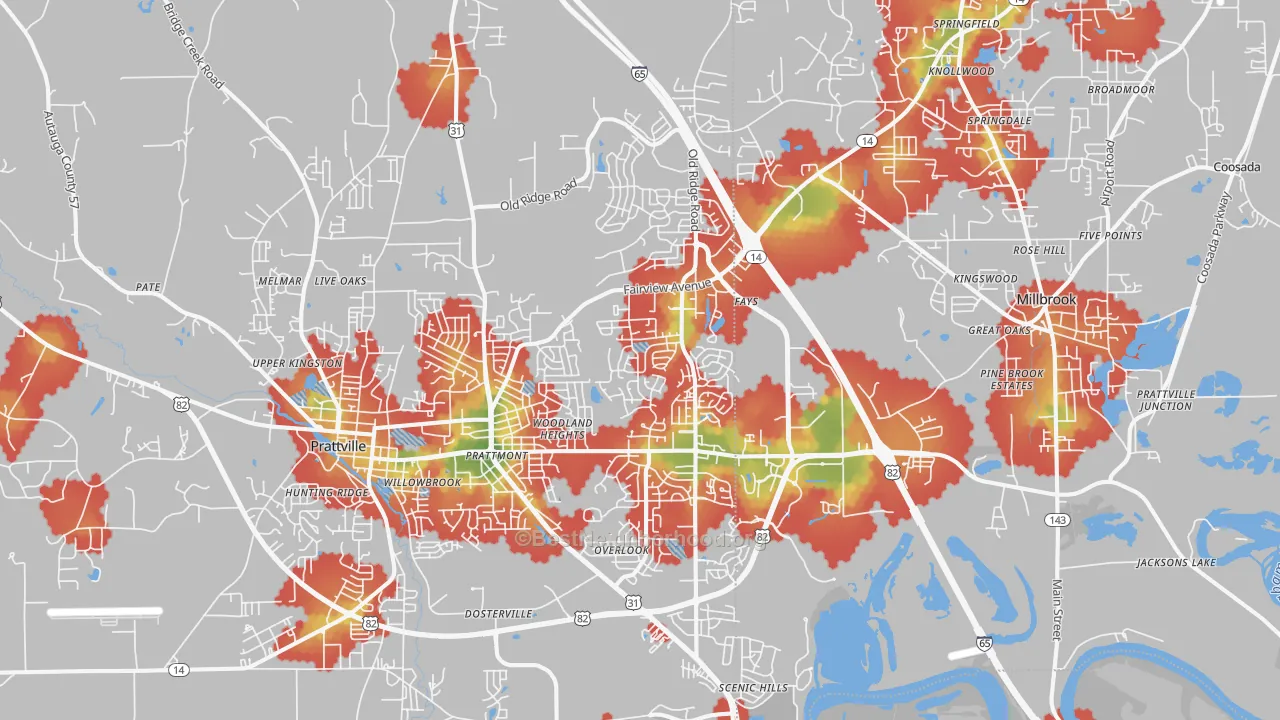 Walk Grade map of 36066, AL, walkable areas in green and car-dependent areas in red
