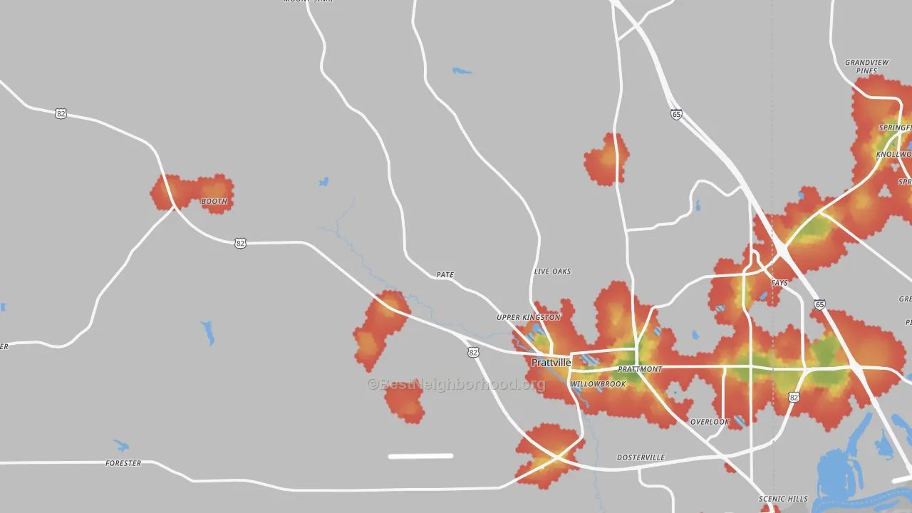 Walk Grade map of 36067, AL, walkable areas in green and car-dependent areas in red