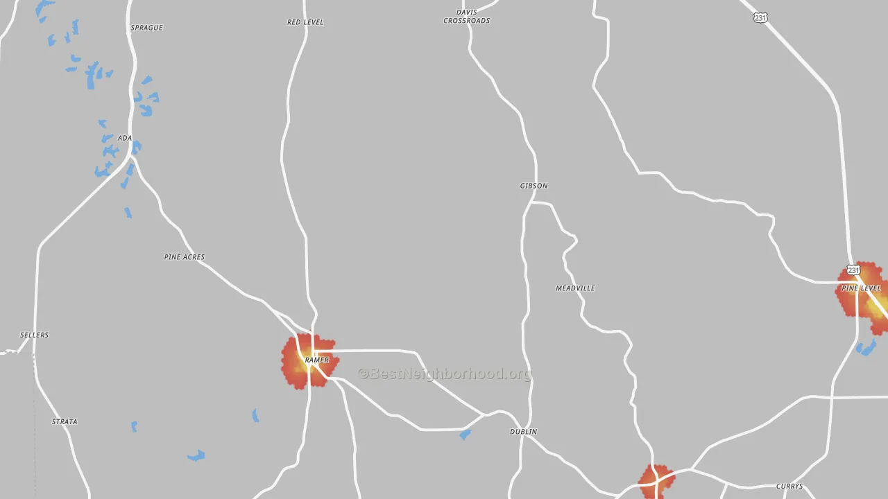 Walk Grade map of 36069, AL, walkable areas in green and car-dependent areas in red
