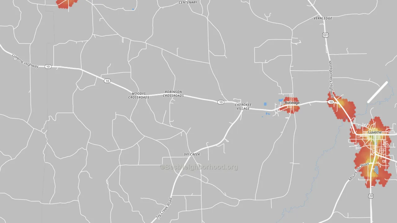 Walk Grade map of 36071, AL, walkable areas in green and car-dependent areas in red