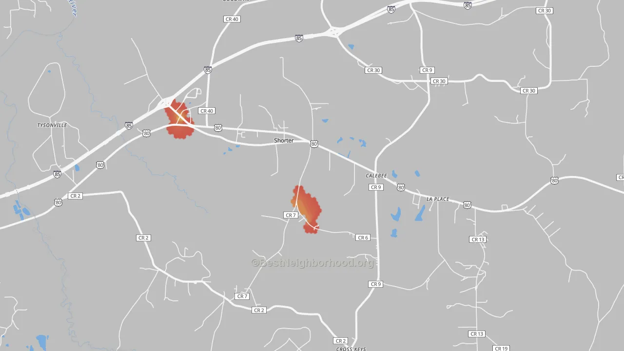 Walk Grade map of 36075, AL, walkable areas in green and car-dependent areas in red