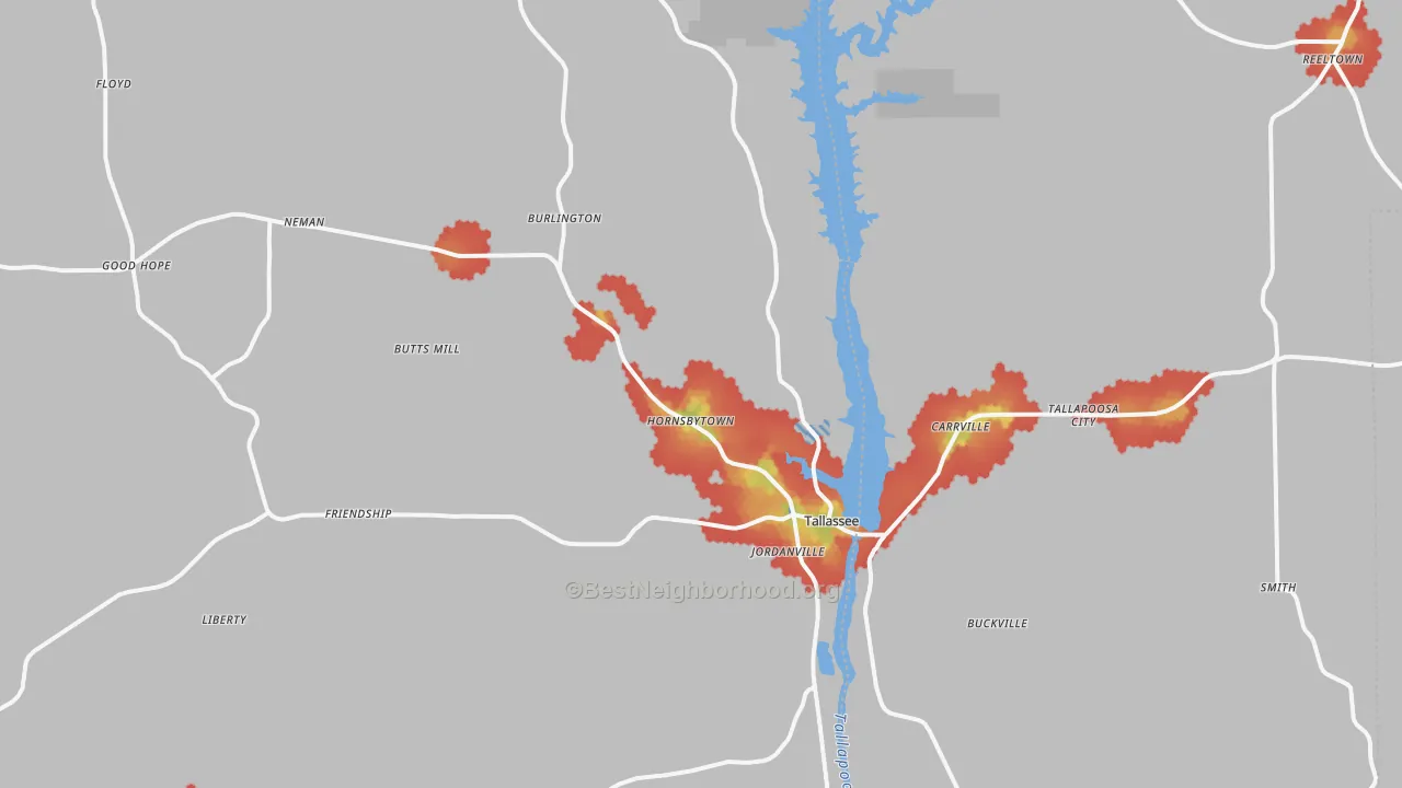 Walk Grade map of 36078, AL, walkable areas in green and car-dependent areas in red