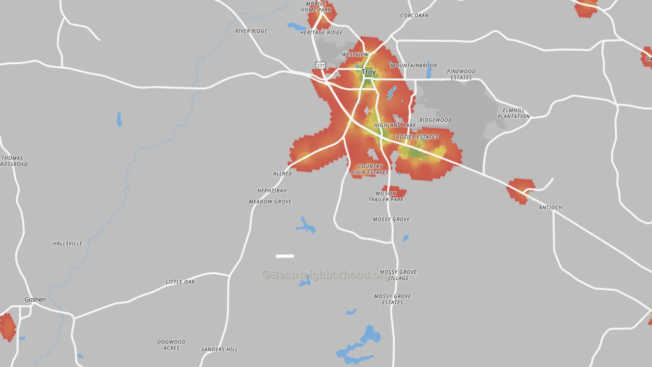 Walk Grade map of 36079, AL, walkable areas in green and car-dependent areas in red