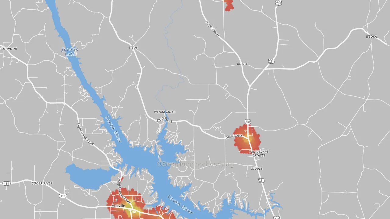 Walk Grade map of 36080, AL, walkable areas in green and car-dependent areas in red