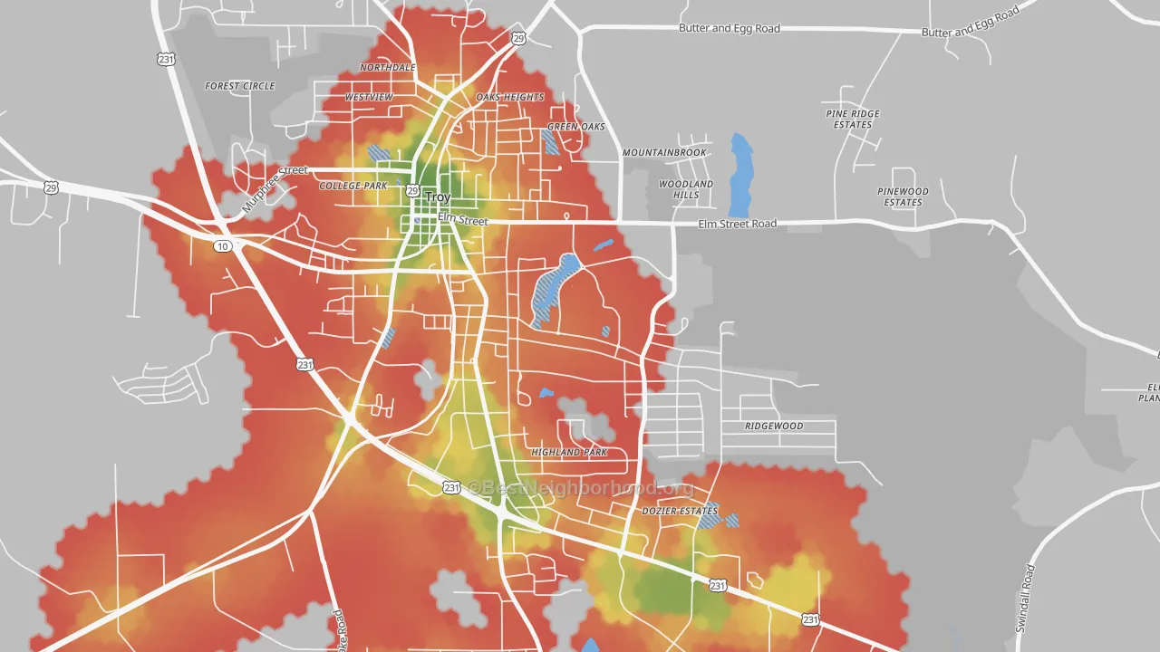 Walk Grade map of 36082, AL, walkable areas in green and car-dependent areas in red