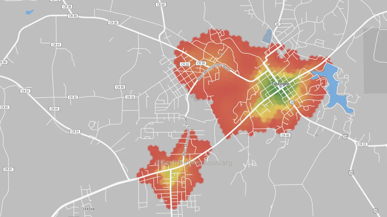 Walk Grade map of 36088, AL, walkable areas in green and car-dependent areas in red