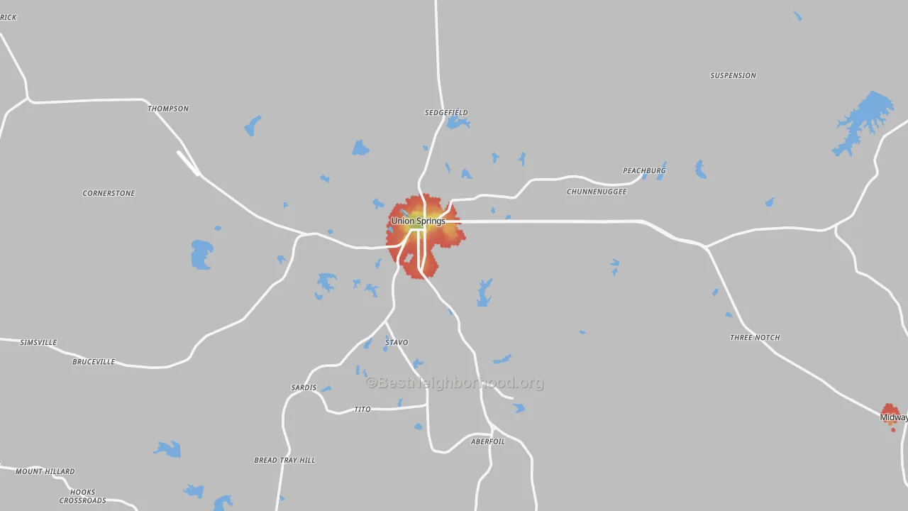 Walk Grade map of 36089, AL, walkable areas in green and car-dependent areas in red