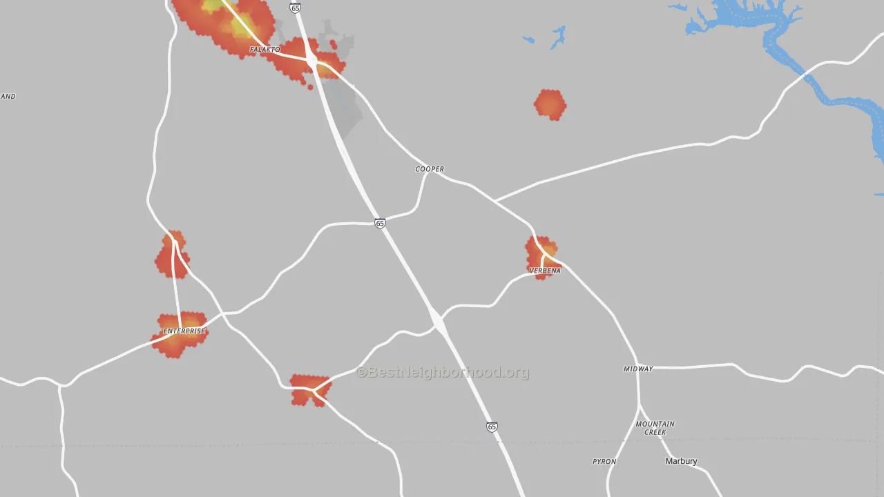Walk Grade map of 36091, AL, walkable areas in green and car-dependent areas in red