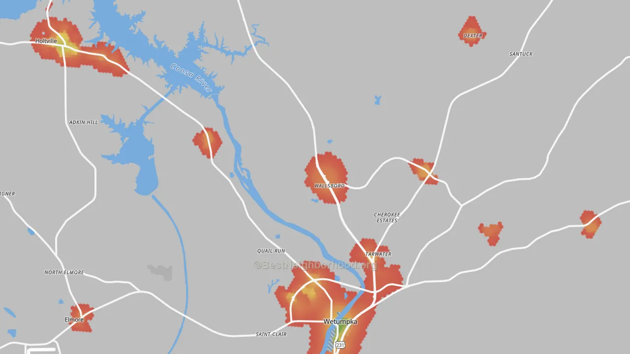 Walk Grade map of 36092, AL, walkable areas in green and car-dependent areas in red
