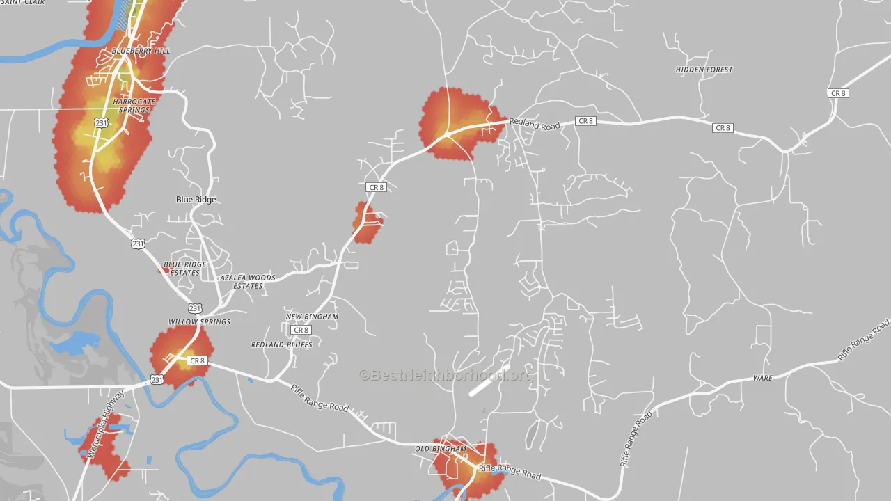 Walk Grade map of 36093, AL, walkable areas in green and car-dependent areas in red