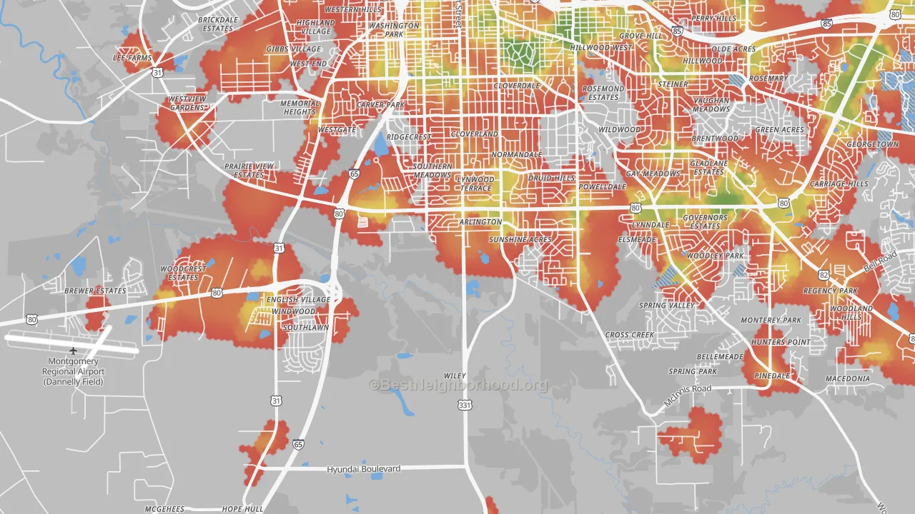 Walk Grade map of 36105, AL, walkable areas in green and car-dependent areas in red