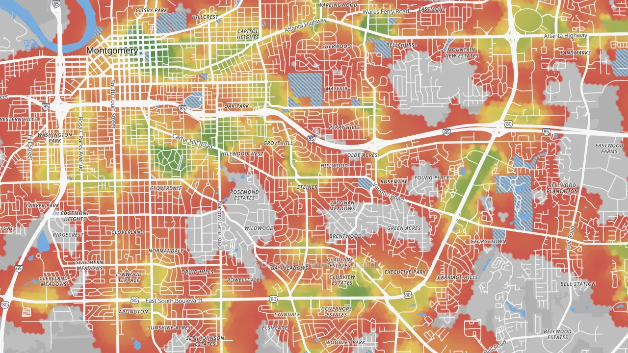 Walk Grade map of 36106, AL, walkable areas in green and car-dependent areas in red