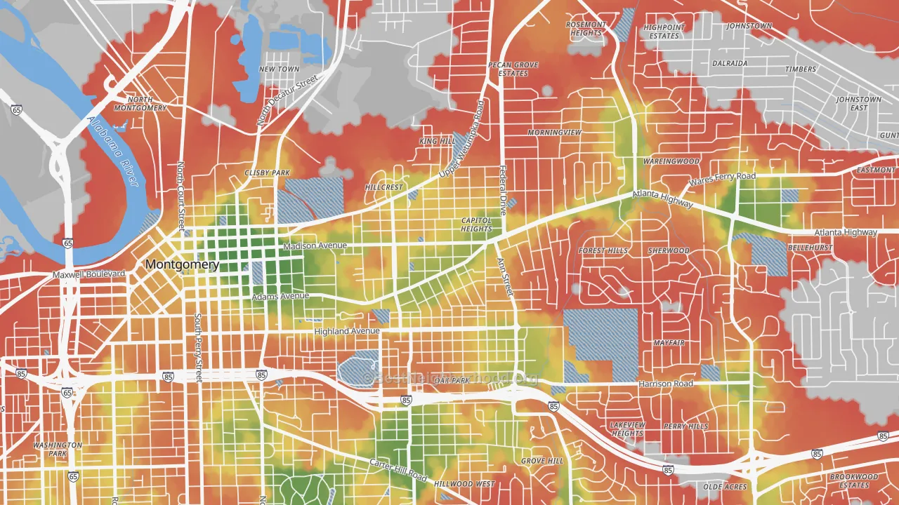 Walk Grade map of 36107, AL, walkable areas in green and car-dependent areas in red