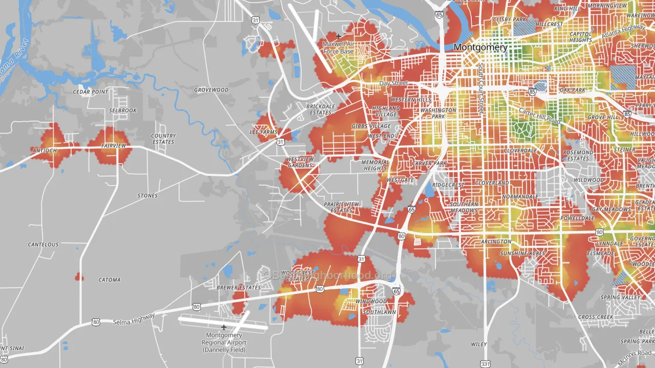 Walk Grade map of 36108, AL, walkable areas in green and car-dependent areas in red