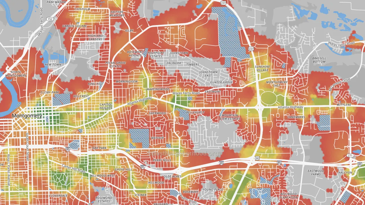 Walk Grade map of 36109, AL, walkable areas in green and car-dependent areas in red