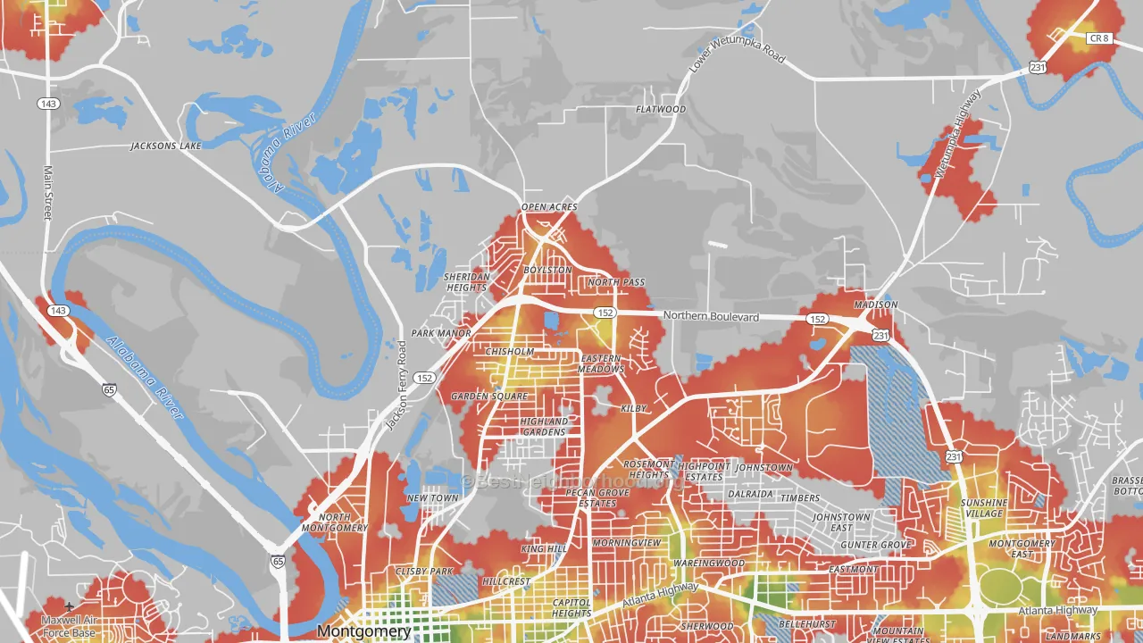 Walk Grade map of 36110, AL, walkable areas in green and car-dependent areas in red