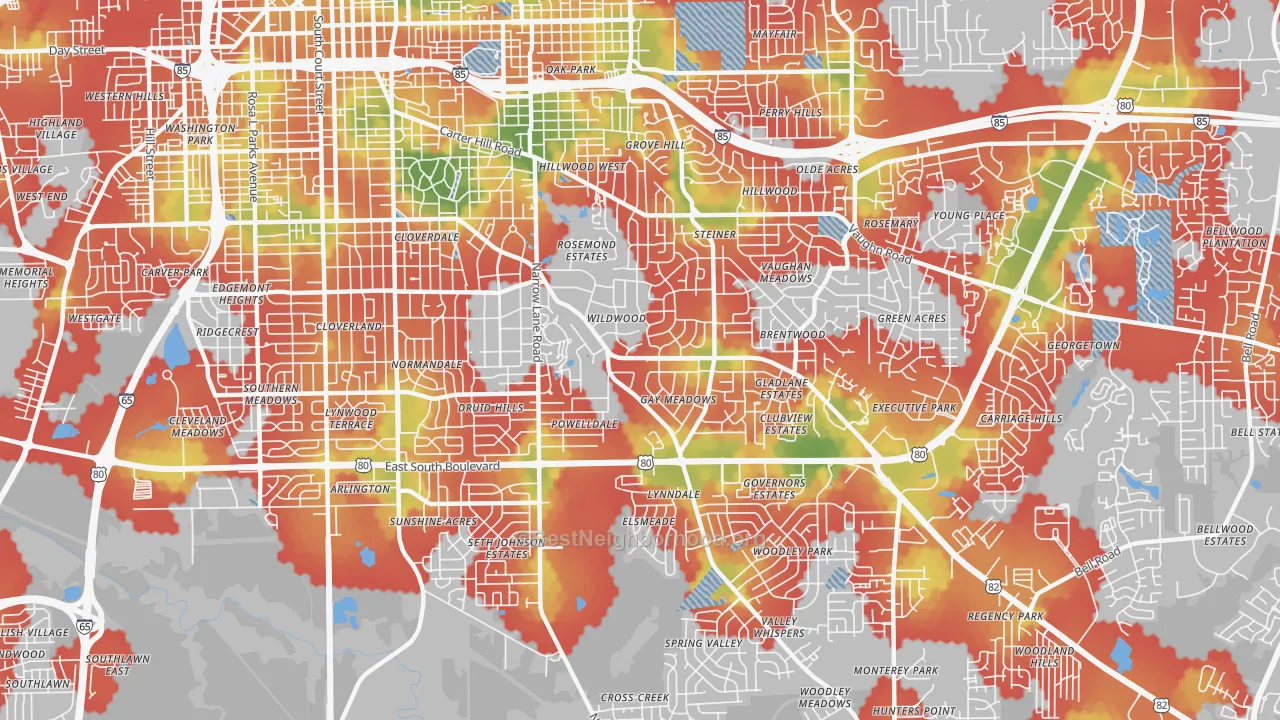 Walk Grade map of 36111, AL, walkable areas in green and car-dependent areas in red