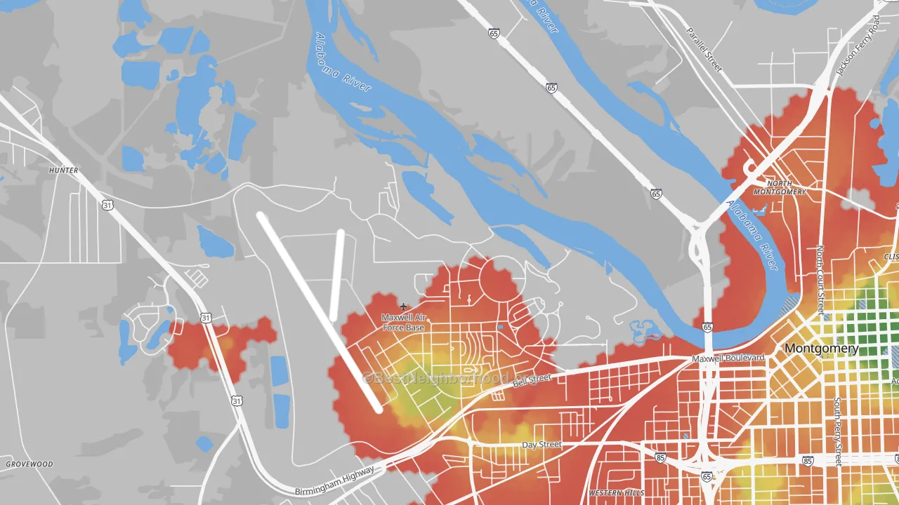 Walk Grade map of 36113, AL, walkable areas in green and car-dependent areas in red