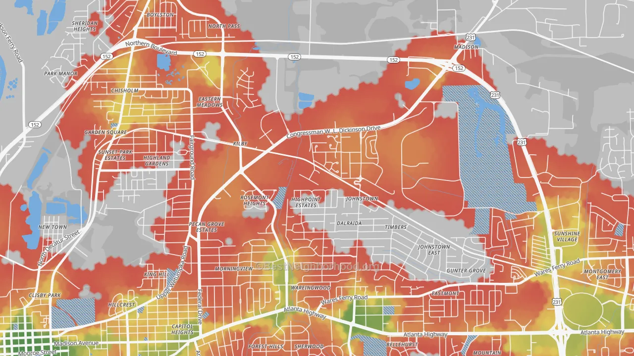 Walk Grade map of 36114, AL, walkable areas in green and car-dependent areas in red