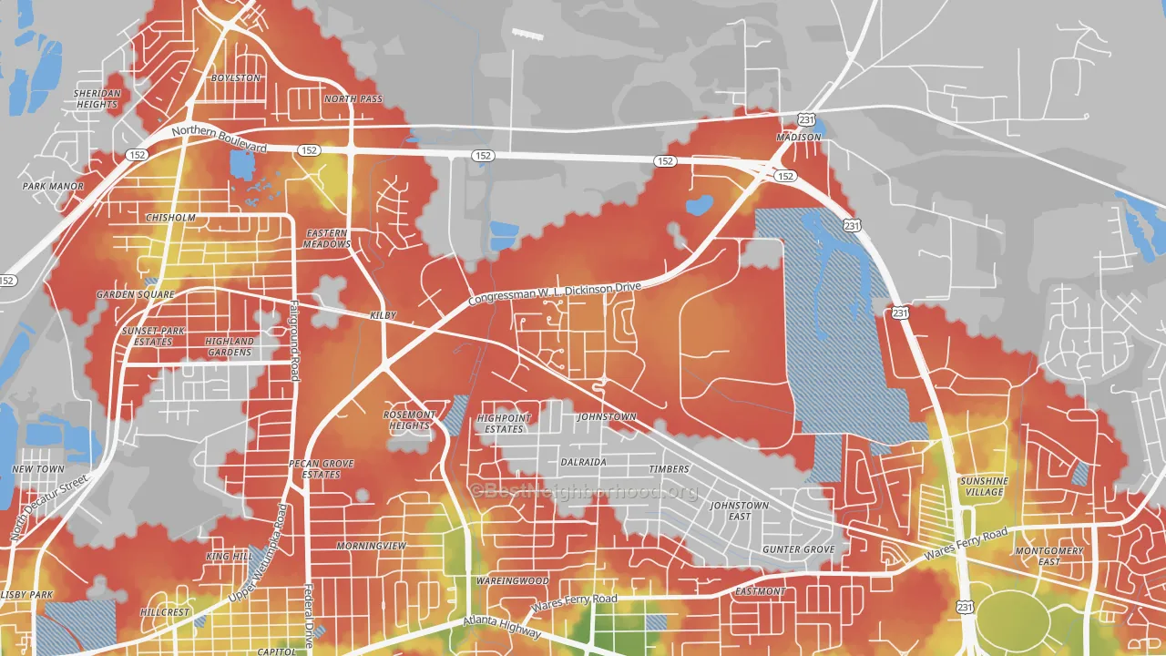 Walk Grade map of 36115, AL, walkable areas in green and car-dependent areas in red
