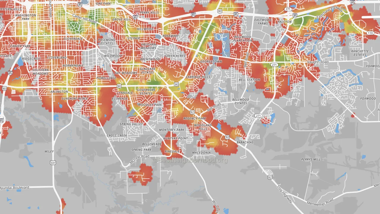 Walk Grade map of 36116, AL, walkable areas in green and car-dependent areas in red
