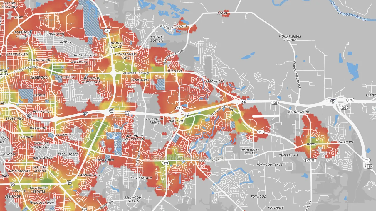 Walk Grade map of 36117, AL, walkable areas in green and car-dependent areas in red