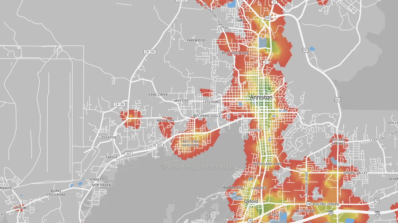 Walk Grade map of 36201, AL, walkable areas in green and car-dependent areas in red