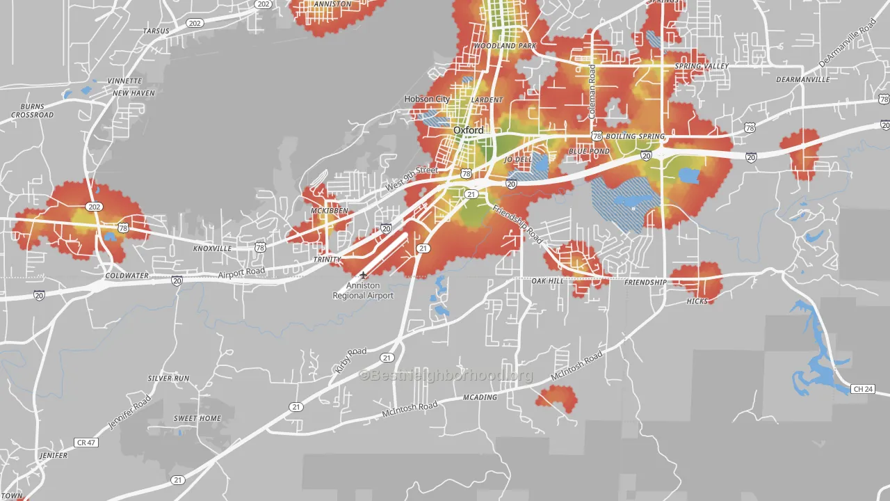 Walk Grade map of 36203, AL, walkable areas in green and car-dependent areas in red