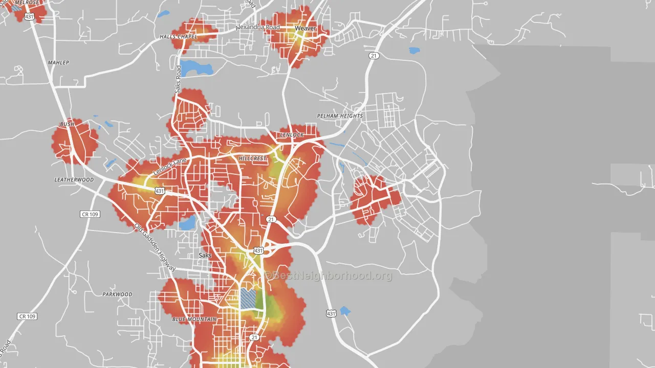 Walk Grade map of 36205, AL, walkable areas in green and car-dependent areas in red