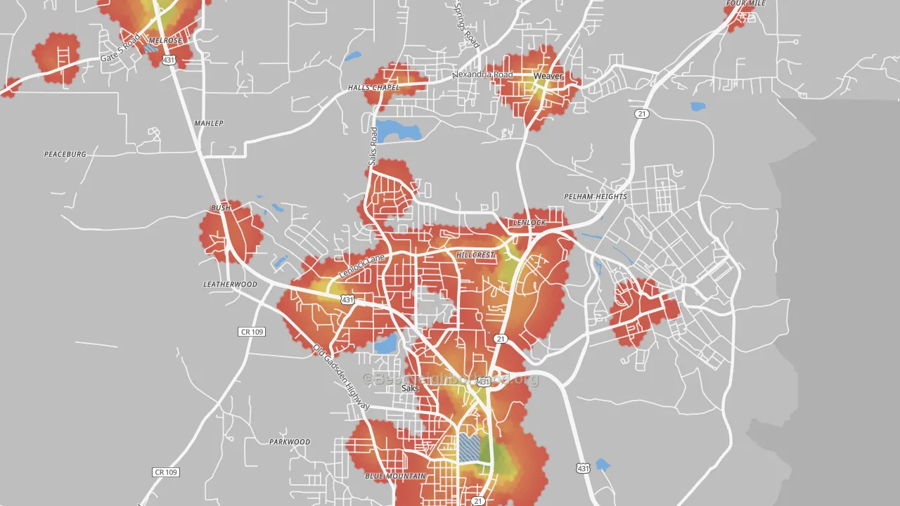 Walk Grade map of 36206, AL, walkable areas in green and car-dependent areas in red