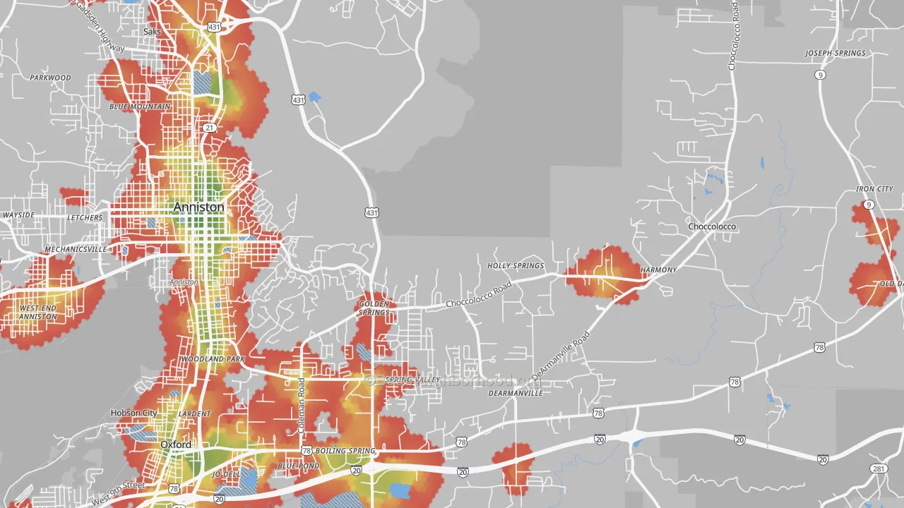 Walk Grade map of 36207, AL, walkable areas in green and car-dependent areas in red