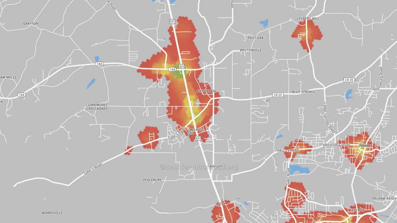 Walk Grade map of 36250, AL, walkable areas in green and car-dependent areas in red
