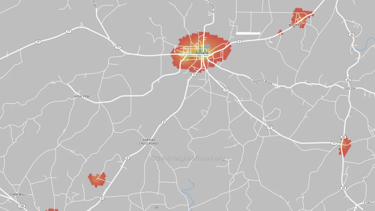 Walk Grade map of 36251, AL, walkable areas in green and car-dependent areas in red