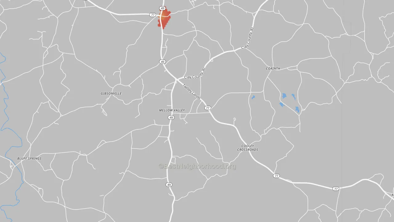Walk Grade map of 36255, AL, walkable areas in green and car-dependent areas in red