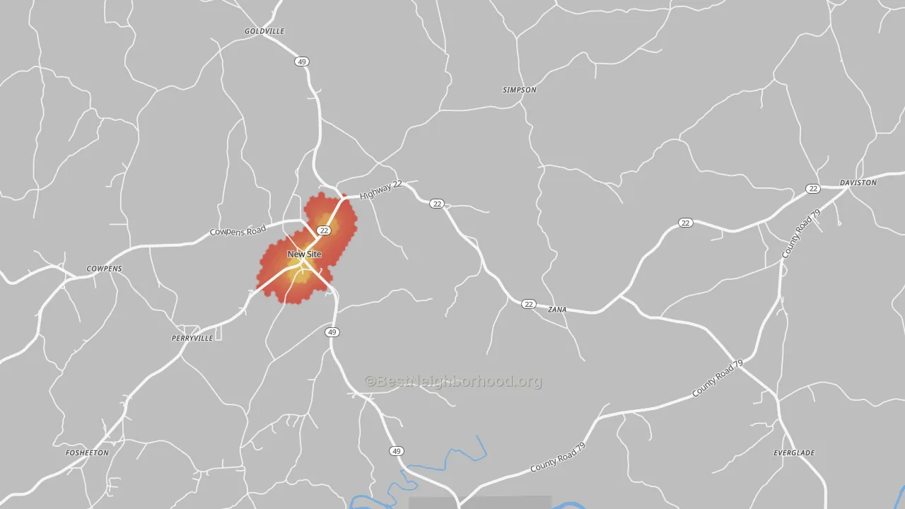 Walk Grade map of 36256, AL, walkable areas in green and car-dependent areas in red