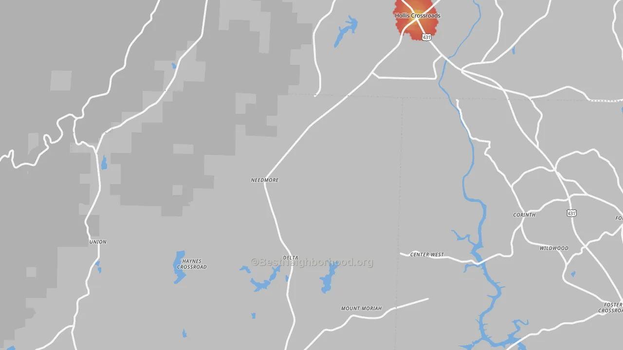 Walk Grade map of 36258, AL, walkable areas in green and car-dependent areas in red