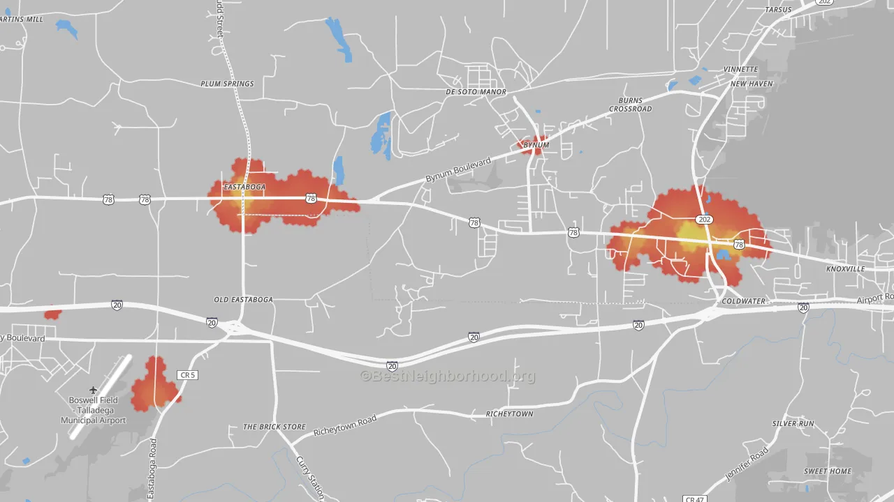 Walk Grade map of 36260, AL, walkable areas in green and car-dependent areas in red