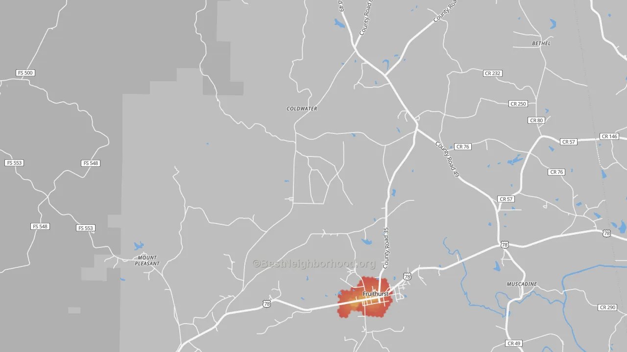 Walk Grade map of 36262, AL, walkable areas in green and car-dependent areas in red