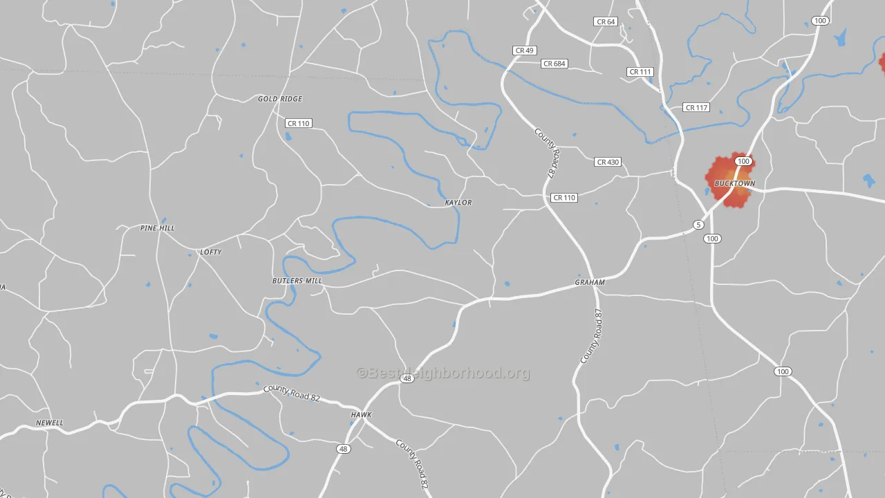 Walk Grade map of 36263, AL, walkable areas in green and car-dependent areas in red