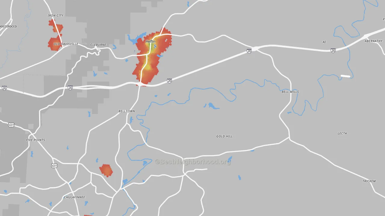 Walk Grade map of 36264, AL, walkable areas in green and car-dependent areas in red