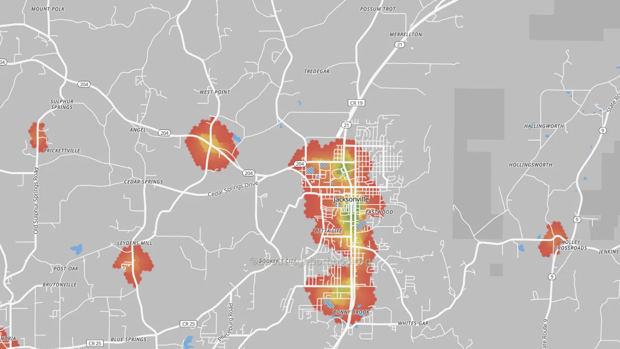 Walk Grade map of 36265, AL, walkable areas in green and car-dependent areas in red