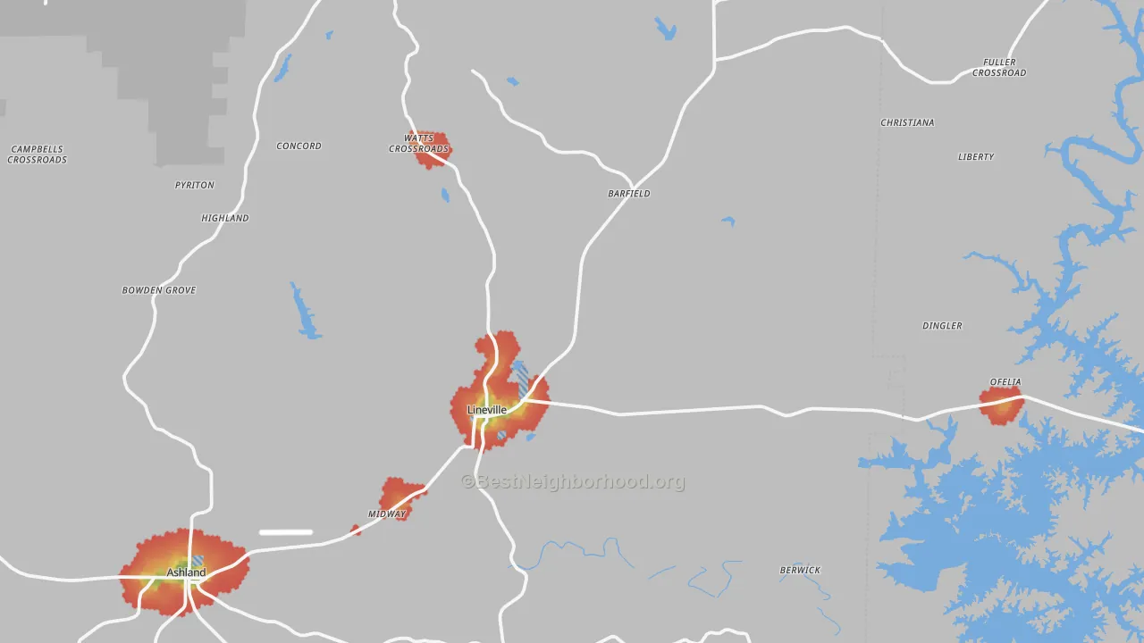 Walk Grade map of 36266, AL, walkable areas in green and car-dependent areas in red