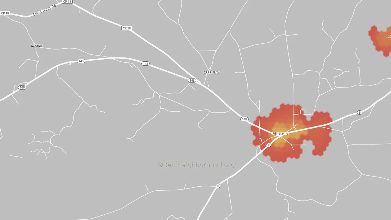 Walk Grade map of 36267, AL, walkable areas in green and car-dependent areas in red