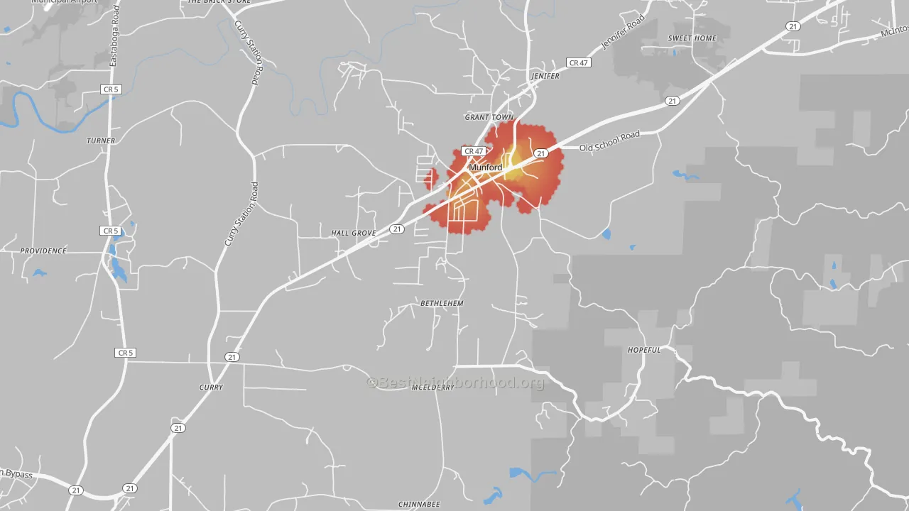 Walk Grade map of 36268, AL, walkable areas in green and car-dependent areas in red