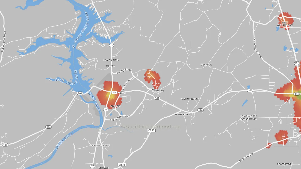 Walk Grade map of 36271, AL, walkable areas in green and car-dependent areas in red